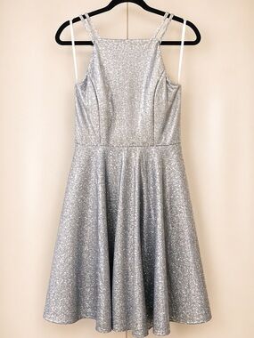 Silver Sparkly Fit & Flare Dress | Ice Blue Glitter Dress | Strappy Party Dress